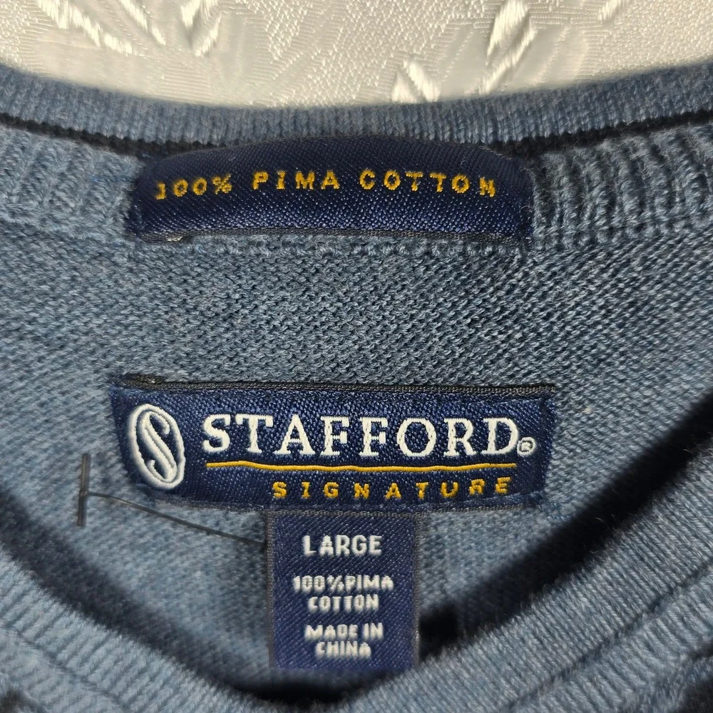 Stafford Signature Men's Sweater Vest Large Houndstooth Pima Cotton Blue Preppy‎